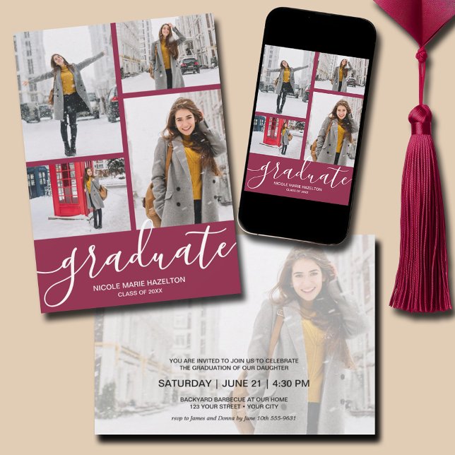 Multi Photo Maroon Graduation Party Invitation (Multi Photo Maroon Graduation Party Invitations - PRINTED and/or INSTANT DOWNLOAD)