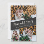 Multi Photo | Married and Merry Chalkboard Look Holiday Card<br><div class="desc">This modern yet rustic holiday card for your first Christmas together says "Married and Merry" in trendy chalk white script,  on a diagonal black chalkboard background. Add three of your personal wedding photos on the front,  and a forth on the back along with a personal message.</div>