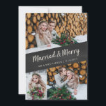 Multi Photo | Married and Merry Chalkboard Look Holiday Card<br><div class="desc">This modern yet rustic holiday card for your first Christmas together says "Married and Merry" in trendy chalk white script,  on a diagonal black chalkboard background. Add three of your personal wedding photos on the front,  and a forth on the back along with a personal message.</div>