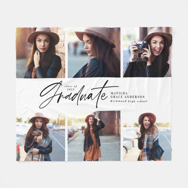 Multi photo modern black white script graduation f fleece blanket (Front (Horizontal))