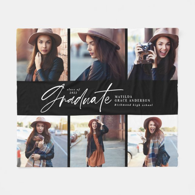 Multi photo modern black white script graduation fleece blanket (Front (Horizontal))