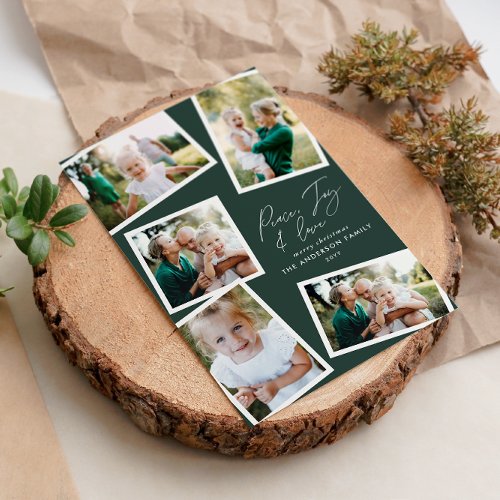 Multi photo modern elegant script green holiday card