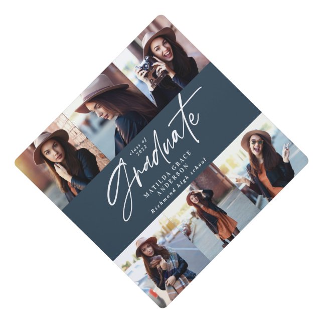 Multi photo modern elegant script navy blue  graduation cap topper (Front)