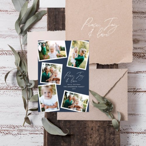 Multi photo modern elegant script navy blue holiday card