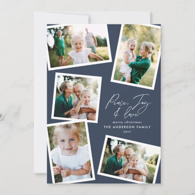 Multi photo modern elegant script navy blue party holiday card (Front)
