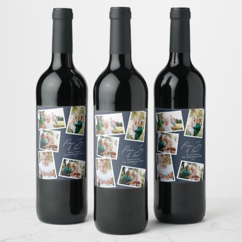 Multi photo modern elegant script navy blue wine label