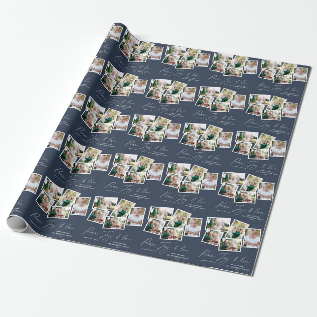 Multi photo modern elegant script navy blue wrapping paper (Unrolled)