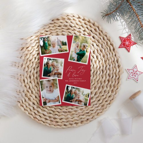 Multi photo modern elegant script red party holiday card