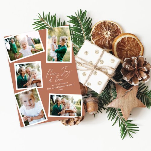 Multi photo modern elegant script terracotta holiday card