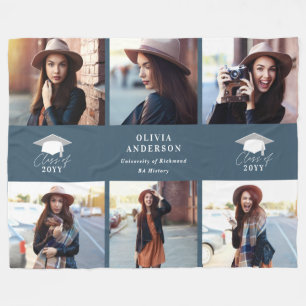 Multi photo modern navy blue script graduation fleece blanket