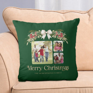 Multi Photo Modern Script Merry Christmas Throw Pillow