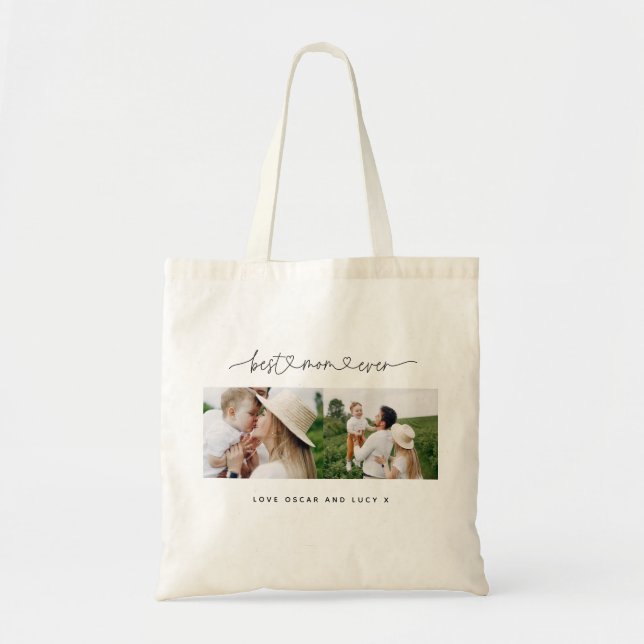 Multi photo modern script typography best mom tote bag (Front)