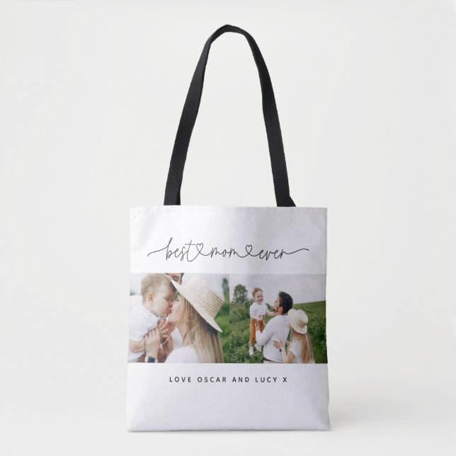 Multi photo modern script typography best mom  tote bag (Front)