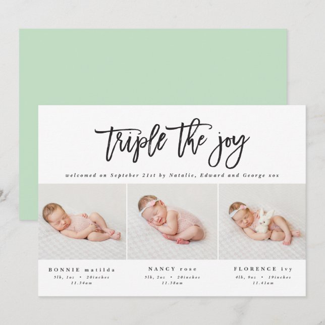 Multi photo modern triplet birth announcement (Front/Back)