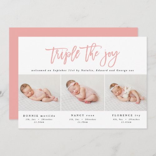Multi photo modern triplet birth announcement