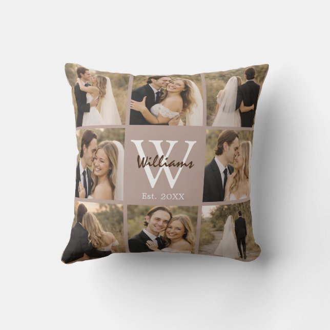 Multi Photo Monogram Wedding Family Gift Custom Throw Pillow (Back)