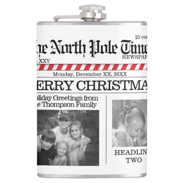 Multi Photo North Pole News Christmas Cute Merry Flask (Front)