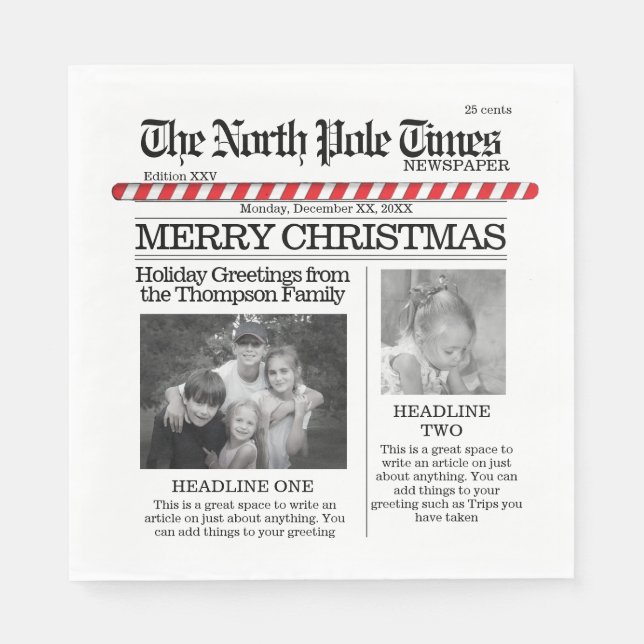 Multi Photo North Pole News Christmas Cute Merry Napkins (Front)