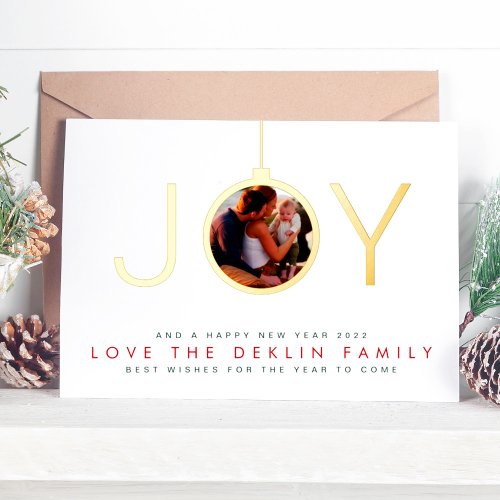 Multi Photo Ornament Merry Christmas Gold JOY Foil Holiday Card