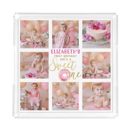 Multi Photo Pink Gold Sweet One Donut 1st Birthday Acrylic Tray