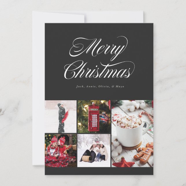 Multi photo Pretty Cursive Black Holiday Card (Front)