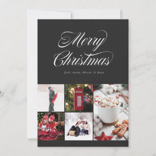 Multi photo Pretty Cursive Black Holiday Card