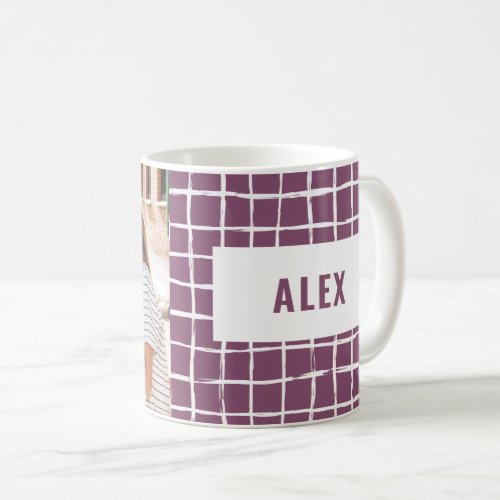 Multi photo purple check modern minimal coffee mug