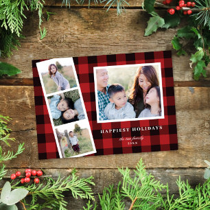 Multi-Photo Red Black Buffalo Plaid Holiday Card