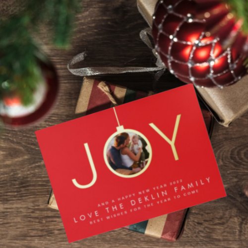 Multi Photo Red Cherry Merry Christmas Gold JOY Foil Holiday Card