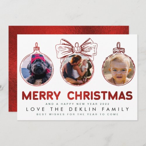 Multi Photo Red Faux Foil Merry Christmas Ornament Holiday Card