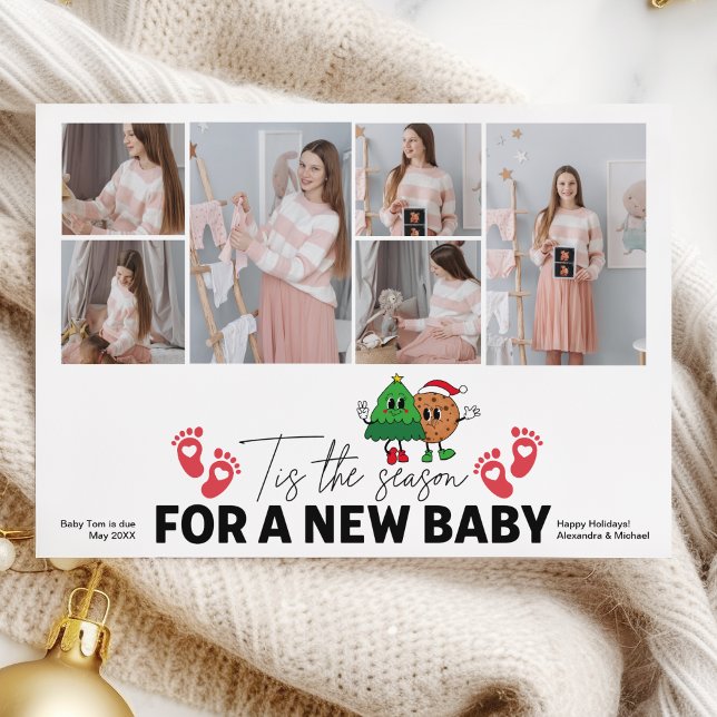 Multi Photo Retro Tis The Season Pregnancy Holiday Card (Creator Uploaded)