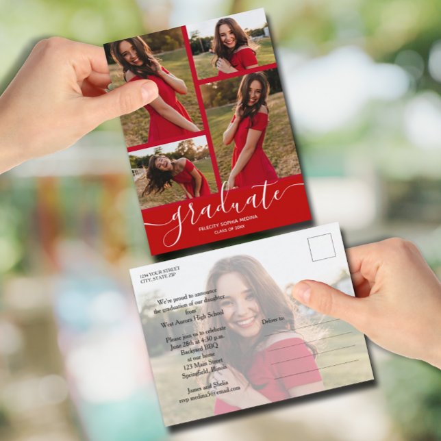 Multi Photo Scarlet Red Graduation Invitation Postcard (Multi 5 Photo Graduation Party Invitation Postcards)