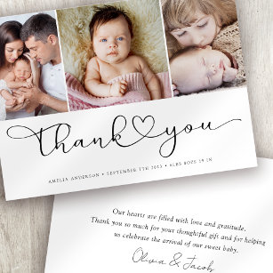 Multi Photo Script with Heart New Baby Photo Thank You Card