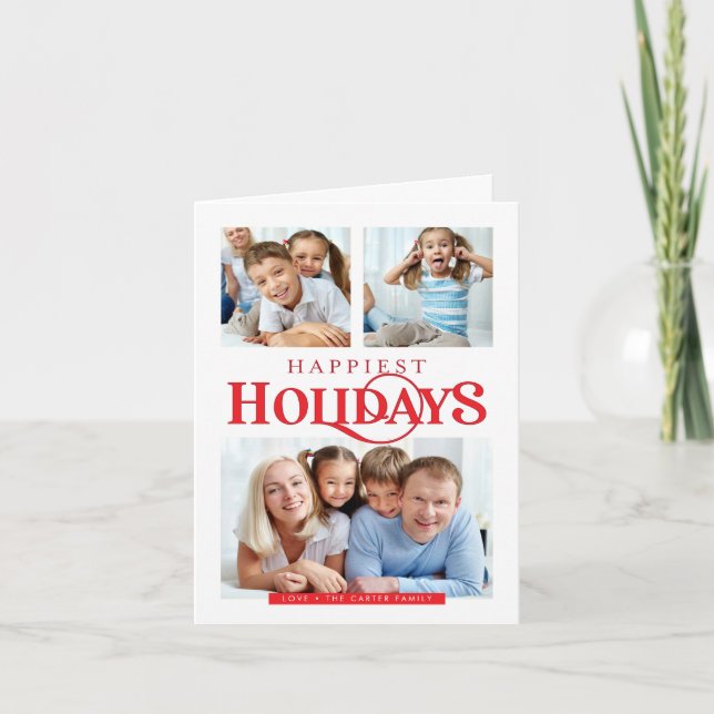 MULTI PHOTO simple modern Happiest Holidays red Holiday Card (Front)