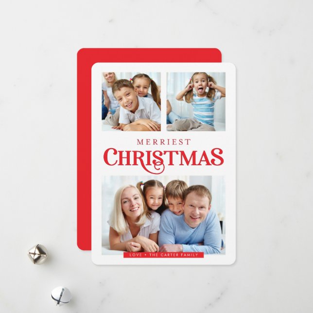 MULTI PHOTO simple modern Merriest Christmas red Holiday Card (Front/Back In Situ)