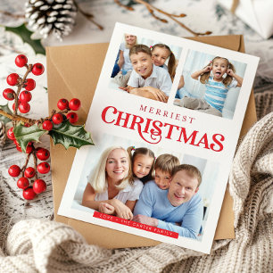 MULTI PHOTO simple modern Merriest Christmas red Holiday Card