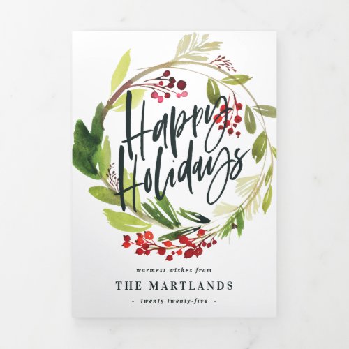 Multi photo watercolor floral  foliage christmas Tri_Fold holiday card