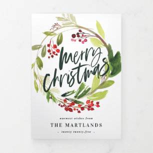 Multi photo watercolor floral + foliage christmas Tri-Fold holiday card