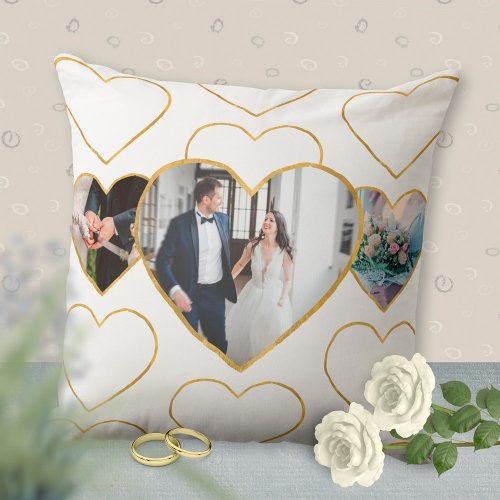 Multi Photo Wedding Love Golden Hearts Gift Throw Pillow
