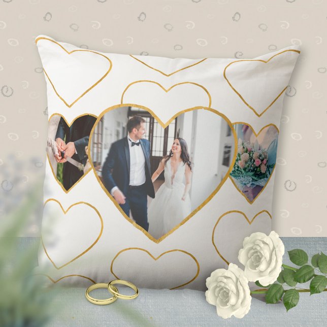 Multi Photo Wedding Love Golden Hearts Gift Throw Pillow (Multi Photo Wedding Love Golden Hearts Gift Throw Pillow ©Susanne Sachers - Sunny Mind Design)