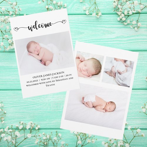 Multi Photo Welcome with Hearts Birth Announcement
