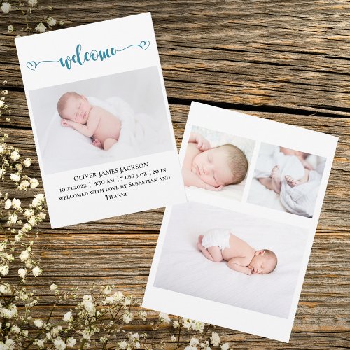 Multi Photo Welcome with Hearts Birth Announcement