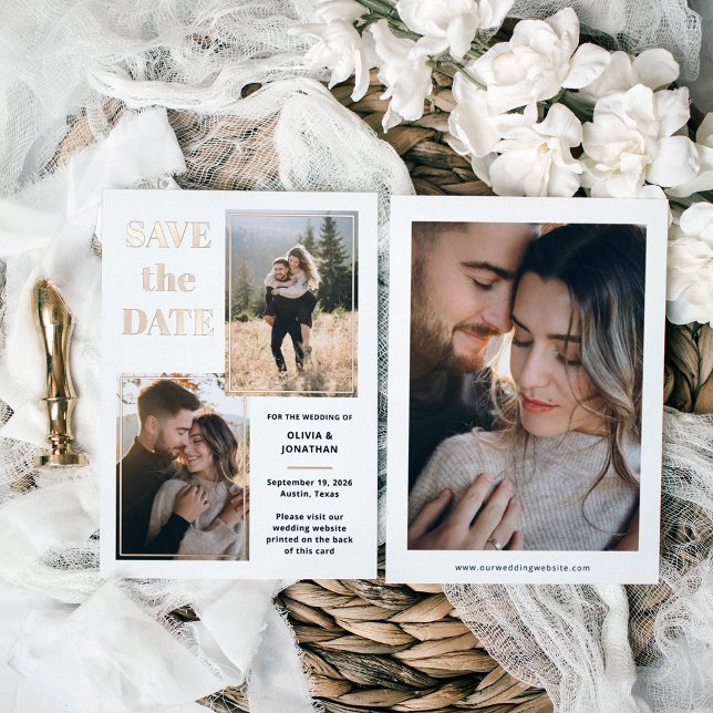 Multi Photo | White and Rose Gold Save the Date Foil Invitation (Creator Uploaded)