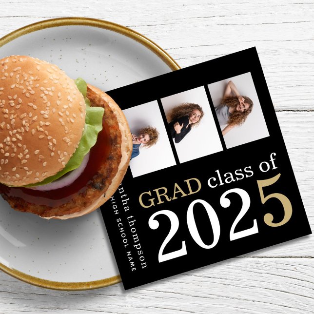 Multi photo White Gold Text Black 2025 Graduation Napkins (Creator Uploaded)
