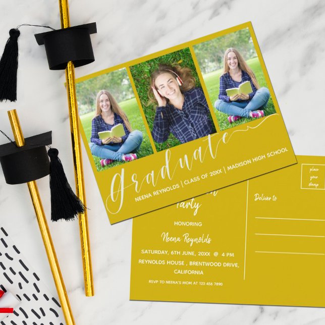 Multi Photo Yellow 2026 Graduation Party  Invitation Postcard (Creator Uploaded)