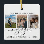 Multi photos first Christmas Engaged Ceramic Ornament<br><div class="desc">Modern and minimalist ornament for newly engaged couples. It can be personalized with 3 of your favorite photos.</div>