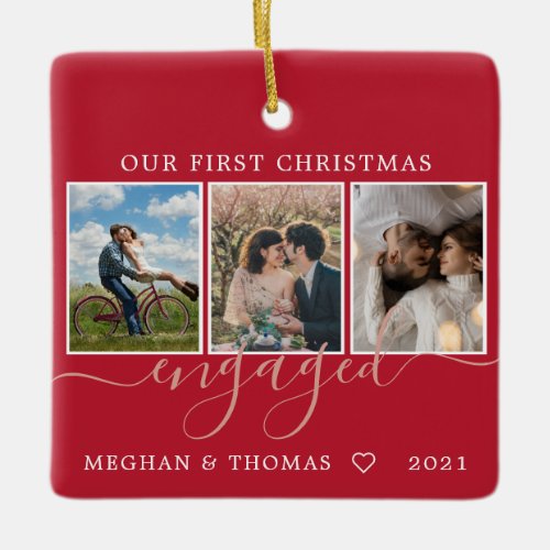 Multi photos first Christmas Engaged red Ceramic Ornament