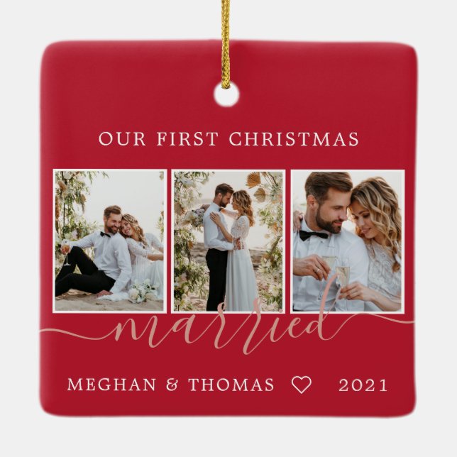 Multi photos first Christmas Married Ceramic Ornam Ceramic Ornament (Back)