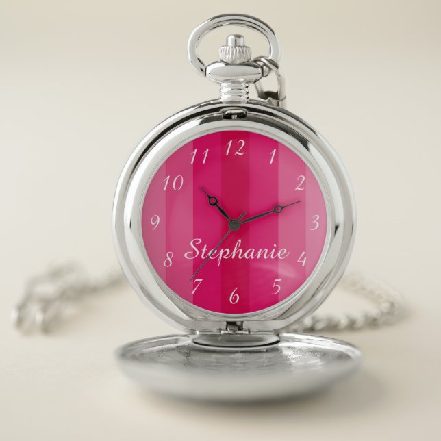 Multi Pink Stripe Personalized Name Classy Retro Pocket Watch (Inside)