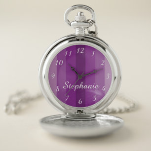 Multi Purple Stripe Personalized Name Classy Retro Pocket Watch